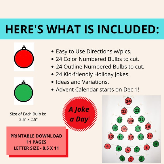 Christmas Bulbs Advent Calendar Kit Family Holiday Activities Xmas Daily  Jokes Christmas Countdown for Kids - Etsy