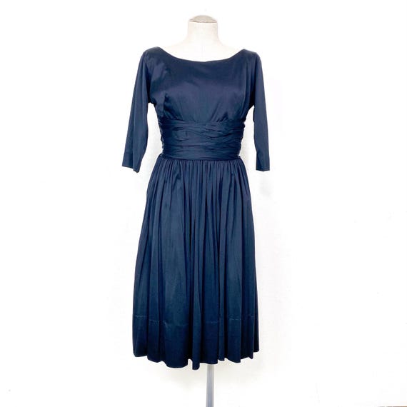 1950s Vintage Black Midi Length 3/4 Sleeve Scoop Neck Fit and Flare Pleated  Cocktail Party Dress by Mancini California - Etsy