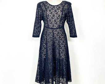 Small to Medium 1990s Vintage Sheer Black Lace Rayon Blend 3/4 Sleeve Fit and Flare Midi Dress. Made in USA