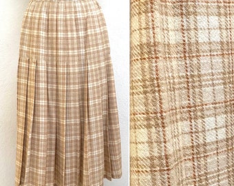 Small 1980s Vintage Pendleton Pure Virgin Wool Tan Plaid Pleated A-line Midi skirt | Made in USA