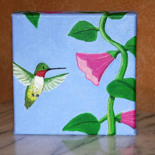 Hummer's Brunch, painting on canvas of ruby-throated hummingbird drinking from a pink flower vine