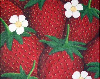 Strawberries!, painting on canvas of big red strawberries and white blossoms by Philip Kirkpatrick