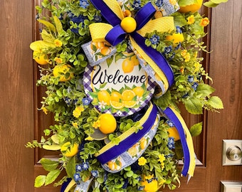 Spring Lemon Wreath for Front Door, Summer Citrus Wreath, Yellow Blue Floral Wreath, Welcome Door Hanger, Farmhouse Spring Decor