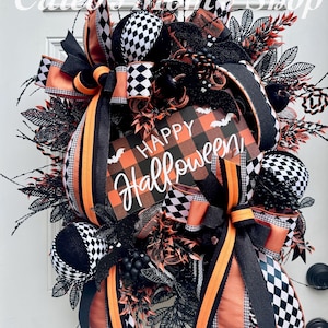 Happy Halloween Wreath for Front Door, Whimsical Halloween Party Decor, Buffalo Plaid Fall Door Decor, Ornament Halloween Swag