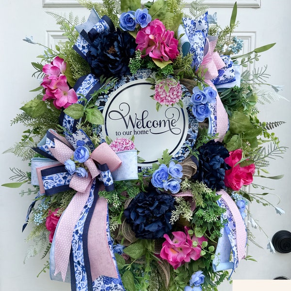 Floral Welcome Wreath for Front Door, Spring Summer Greenery Wreath, Mother's Day Gift, Floral Everyday Wreath, Wreath for Porch Home Decor