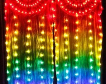 Single LED Fan Veil Silk Dance Long Fans 100% Silk Women Dance Performance Rainbow USA Quick ship