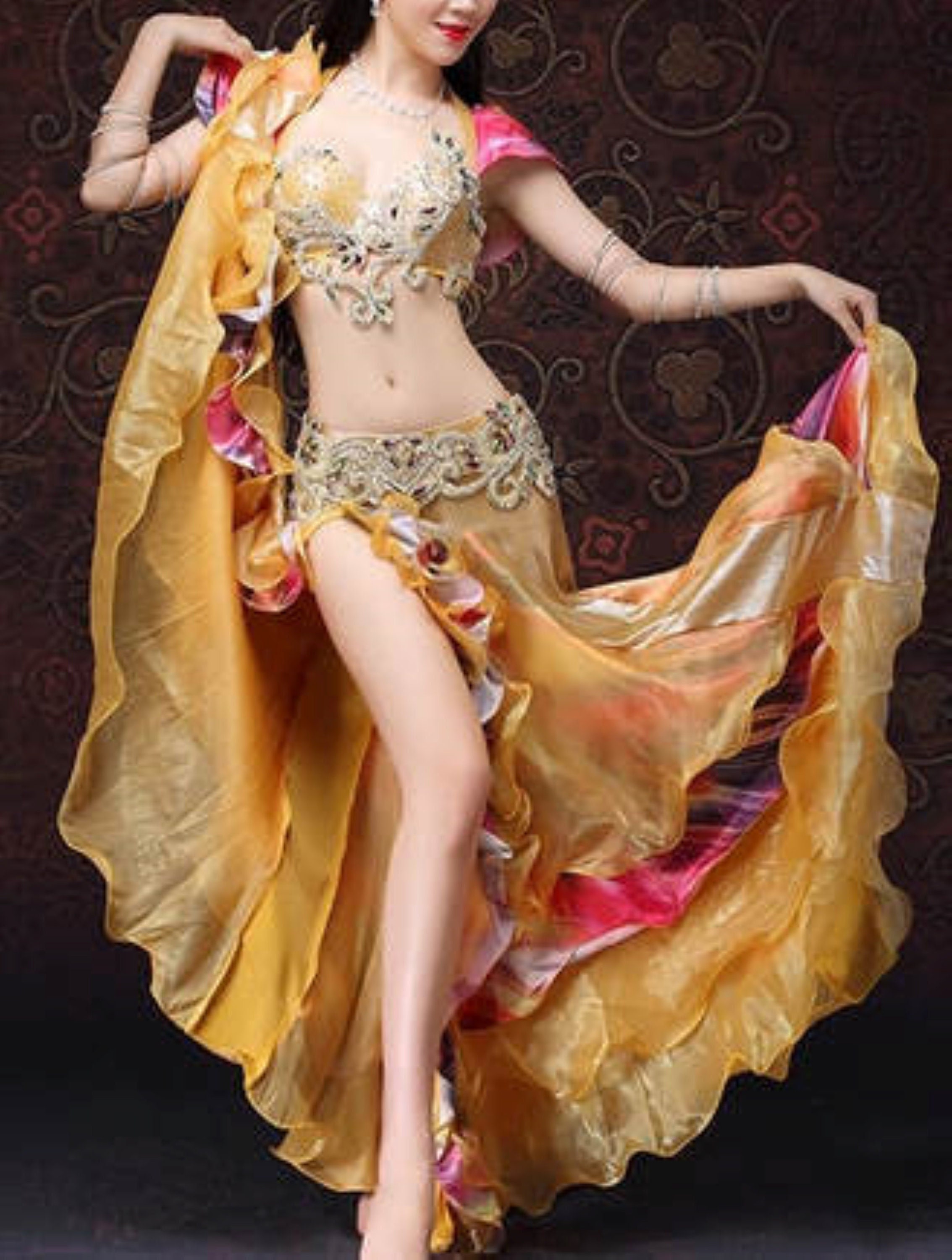 Luxury Handmade Belly Dance Costume With Rhinestone Bra And Maxi