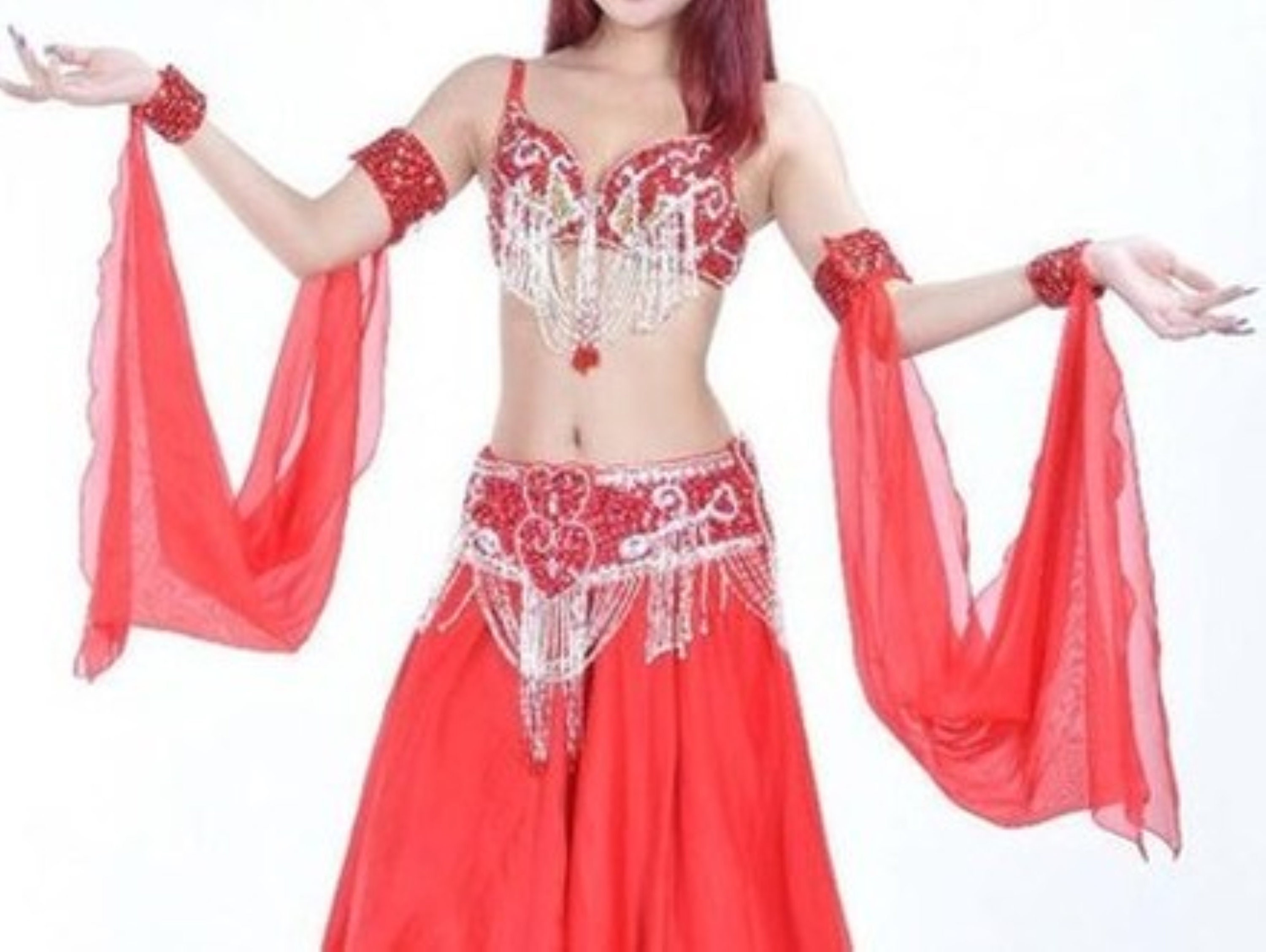  Traje de traje de Bollywood indio de manga larga para mujer,  traje de bailarina árabe del vientre, pantalón con abertura superior  rojo/azul/amarillo : Juguetes y Juegos