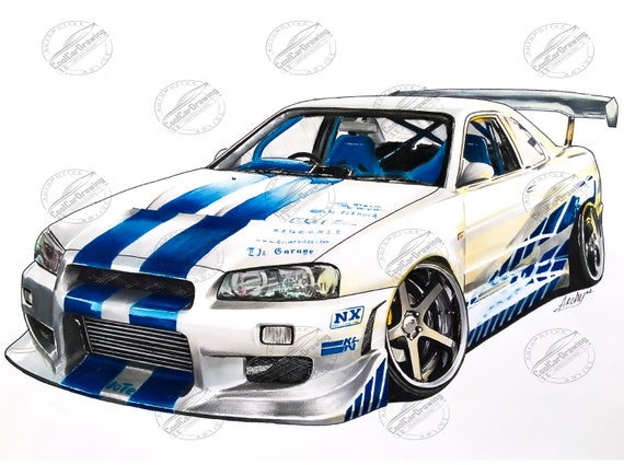 Nissan Skyline GTR R34 Poster Fast and Furious Print Paul Walker Car Hand  Made Drawing Wall Decor Room Decor 