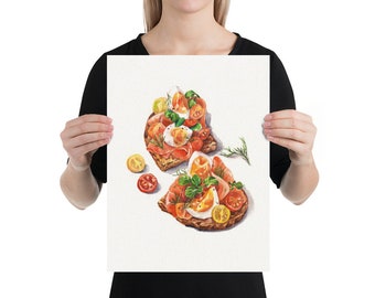 Salmon egg and tomato bread print - Food art - Watercolor