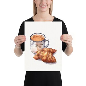 Morning coffee with croissant print - Food art - Watercolor