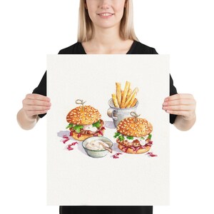 Fish burgers with fries print - Food art - Watercolor