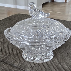 Cute Vintage Mini Pedestal Crystal Compote with a Bird Topper