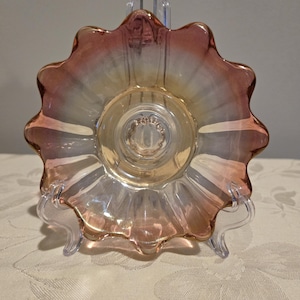 Vintage Fostoria Celestial Candle Holder Iridescent Pink & Gold with Scalloped Edge