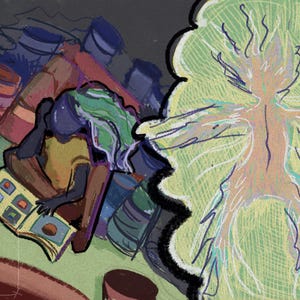 May include: A digital illustration featuring a dark-skinned figure with flowing green and purple hair reading a book. To the right, a glowing, ethereal, light-colored humanoid silhouette is surrounded by a textured, light green aura.