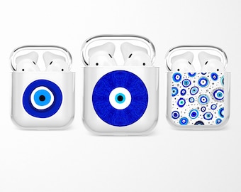 Blue Evil Eye Design AirPods Case Spiritual Amulet Cover for AirPods 2, Pro, 3, Protective Aesthetics Clear Plastic Cases, Buds 2/Pro/Live