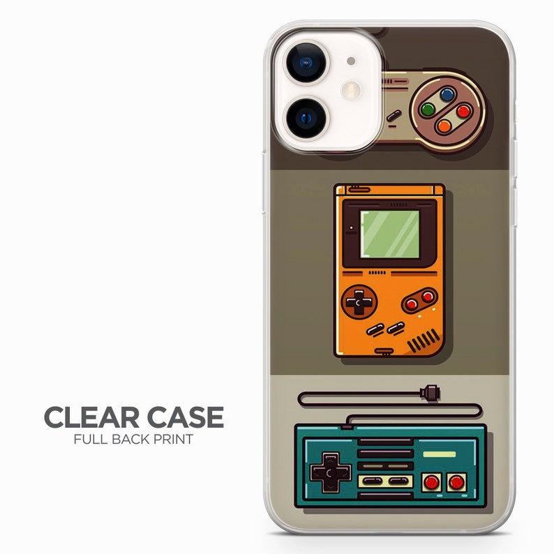 May include: A clear phone case with a full back print featuring a retro video game theme. The design includes a Super Nintendo controller, a Game Boy, and a Nintendo Entertainment System controller.