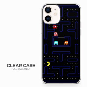 May include: A clear phone case with a full back print of the Pac-Man video game. The case features a black background with a blue maze and yellow Pac-Man character. Four ghosts are also visible in the maze, in red, orange, blue, and pink.