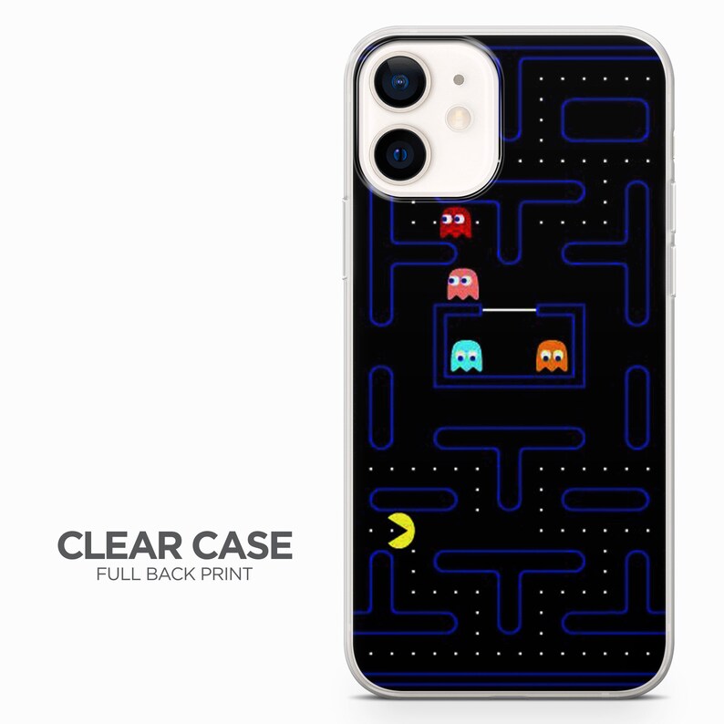 May include: A clear phone case with a full back print of the Pac-Man video game. The case features a black background with a blue maze and yellow Pac-Man character. Four ghosts are also visible in the maze, in red, orange, blue, and pink.