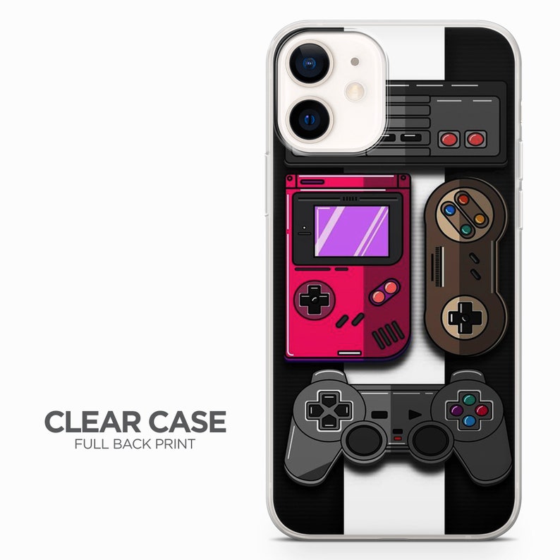 May include: A clear phone case with a full back print featuring a retro gaming theme. The design includes a black and white striped background, a red and black Game Boy, a brown Super Nintendo controller, and a black PlayStation controller.