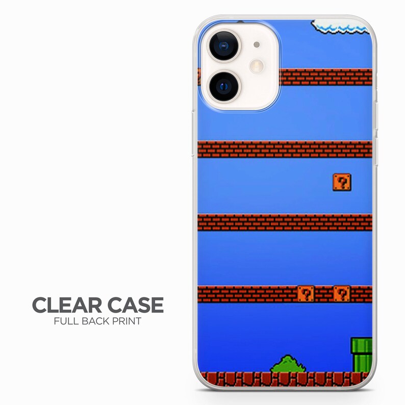 May include: A clear phone case with a full back print of a retro video game level. The level features a blue background with red brick blocks, question mark blocks, and a green pipe.