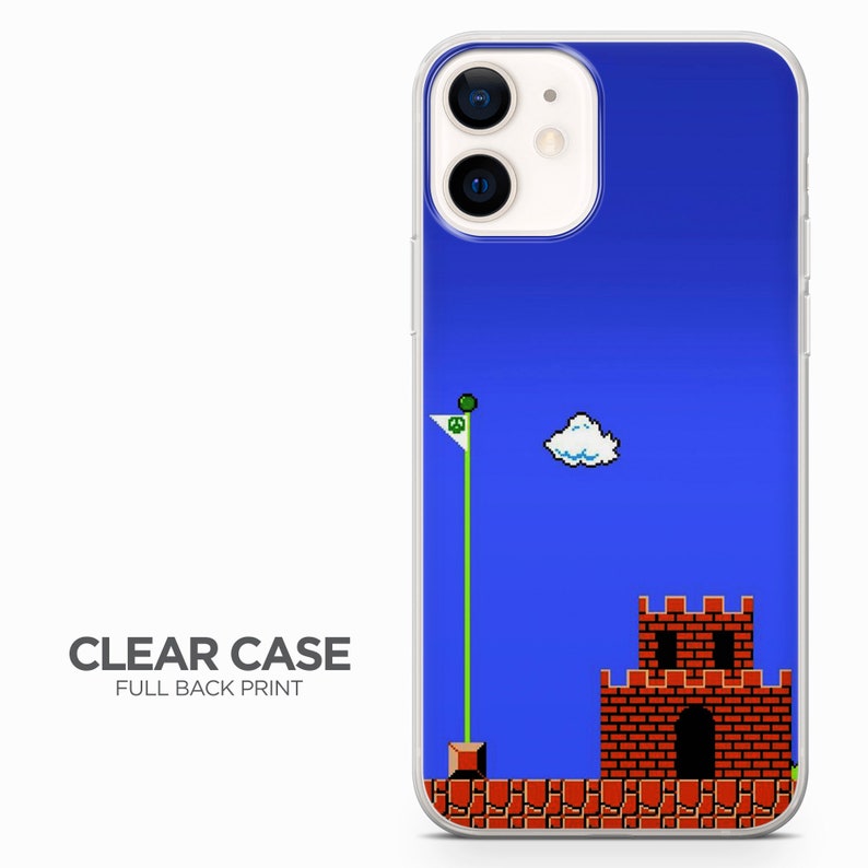 May include: A clear phone case with a full back print of a pixelated Super Mario Bros. level. The level features a flagpole, a cloud, and a brick castle with a door.
