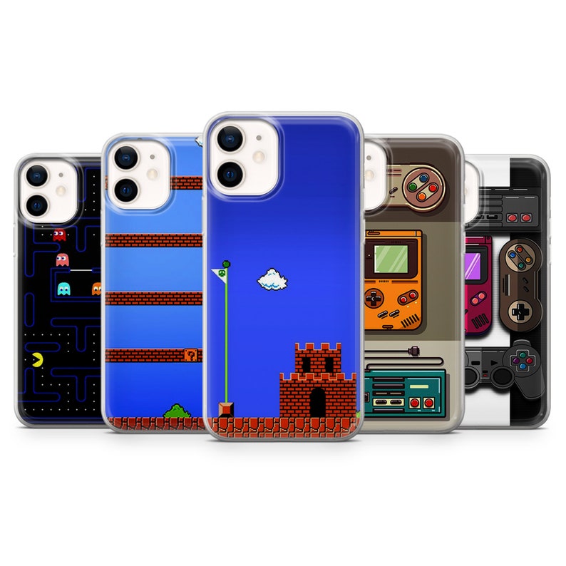 May include: Set of five phone cases featuring retro video game designs. The cases are clear with colorful graphics of Pac-Man, Super Mario Bros., a retro game console, and a Game Boy.