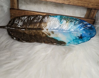 Incense Holder Feather Beach Scene, Sand Starfish Water Trinket Tray, Resin Epoxy Ink Swirl, Blue, brown, White