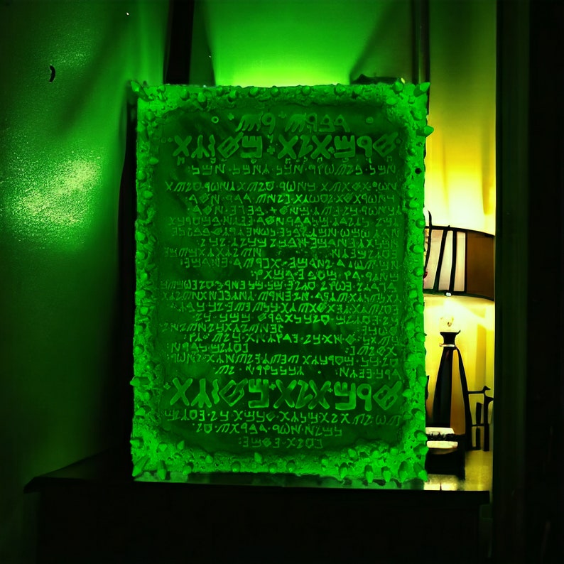 May include: A glowing green rectangular plaque with an ancient script. The edges have a textured, rough appearance. The text is in a dark green color, and the background is a lighter green. The plaque is illuminated by a green light.