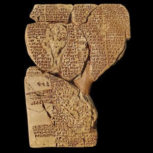 May include: A light brown, ancient clay tablet with cuneiform writing. The tablet is broken into several pieces and has a rough, textured surface. The background is solid black.