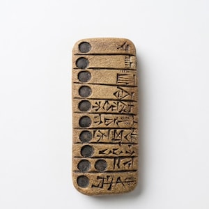Puede incluir: Una tableta de arcilla rectangular de color marrón claro con escritura cuneiforme. La tableta tiene una serie de líneas horizontales e indentaciones circulares. El artefacto antiguo es probablemente de la época mesopotámica.