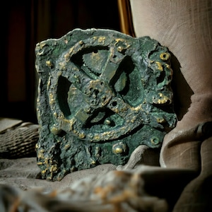 Pode incluir: Uma escultura de metal verde e dourado com um design circular. A escultura tem uma superfície áspera e texturizada e parece ser feita de materiais reciclados.