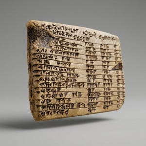 May include: A rectangular beige clay tablet featuring rows of incised cuneiform script. The surface displays a weathered texture with dark, recessed markings arranged in two distinct columns, showing signs of age and wear along the left edge.