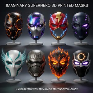 May include: A collection of eight 3D-printed superhero masks, each with a unique design and color scheme. The masks are displayed on small stands. The text "IMAGINARY SUPERHERO 3D PRINTED MASKS" and "HANDCRAFTED WITH PREMIUM 3D PRINTING TECHNOLOGY" are visible.