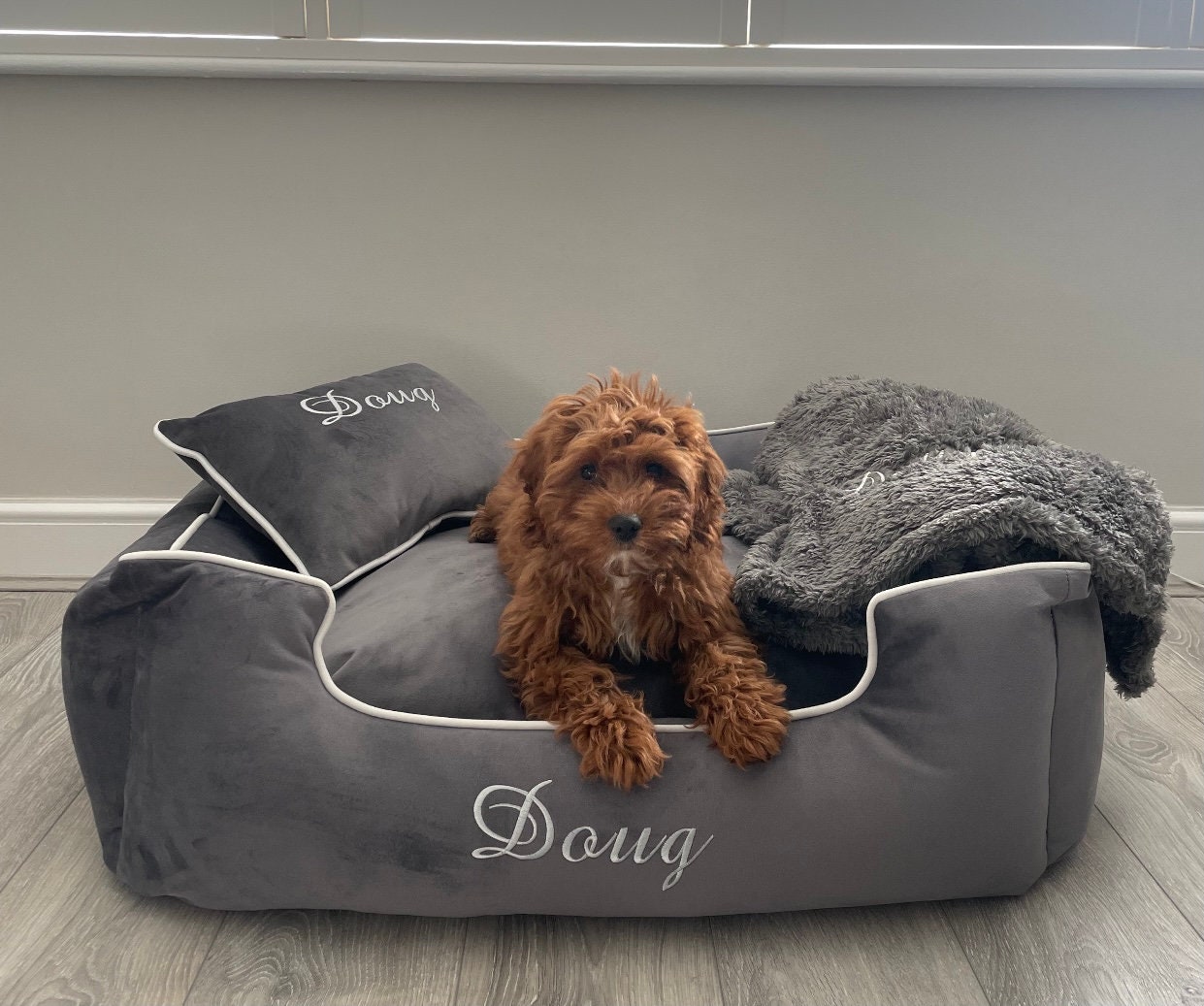 Luxury Grey Personalised Dogbed Set