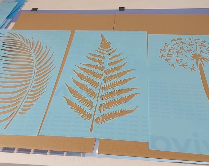 70cm height, 1mm or 0.5mm thick, Set 3 * Stencils, 2*Leaves + 1*Dandelion, Paint or Plaster Stencil, Textured Wall Stencil