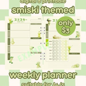 May include: A digital and printable weekly planner with a Smiski theme, featuring light green and cream colours. The layout includes sections for days of the week, to-do lists, affirmations, notes, priorities, a grocery list, and a mood tracker.