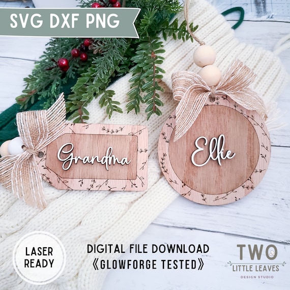 Christmas Tag SVG| Wood Ornament SVG| Leaf Border SVG| Stocking Tag svg| Gift Tag personalized| Glowforge files| Laser Cut Files
