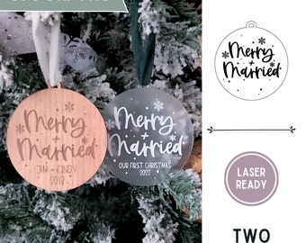 Merry and Married Ornament SVG | Dekoracje ślubne na Boże Narodzenie | Spersonalizowana ozdoba | Ozdoby świąteczne Glowforge