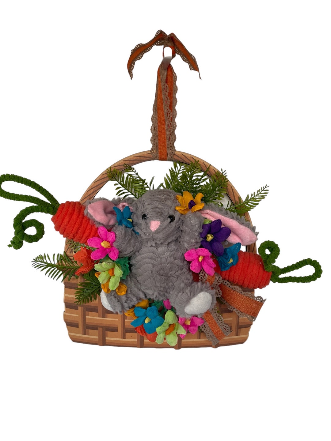 Bunny in a Wood Basket, Easter Bunny Colorful Decor, Decorative Carrots