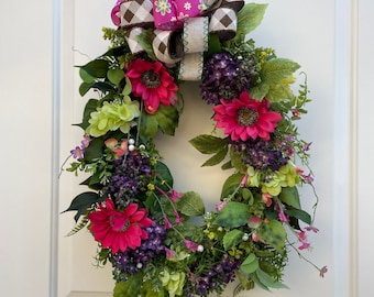 Spring wreath Summer wreath spring and summer decor. Gift for her, Mothers Day wreath, front door flower wreath,