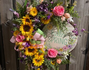 Large Hello Spring wreath, Welcome Spring, Spring decor, sunflower wreath, Easter wreath,welcome to your home wreath,porch decor