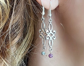 Bohemian Silver Filigree Earrings • Gemstone Boho Dangle Earrings