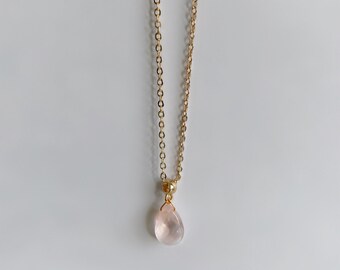 Aurora Necklace - Rose Quartz Teardrop Necklace, Gold Plated Chain, Pendant, Gemstone Pendant, Layering Necklace, Minimalistic, Boho
