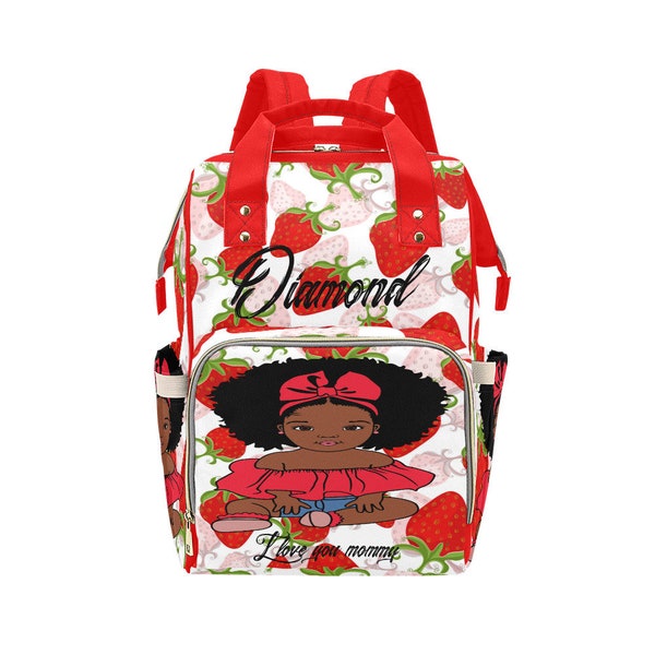 Custom Afro Girl Red Strawberry Diaper Bag, Baby Shower Gift, Personalized Diaper Bag, Custom Backpack, Custom Diaper Bag, Red Diaper Bag
