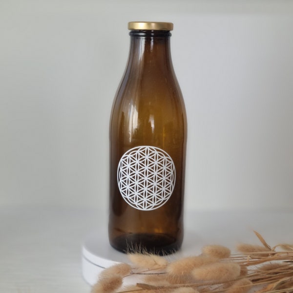 Saftflasche / Milchflasche,Trinkflasche aus Glas dunkel 1L personalisiert Blume des Lebens