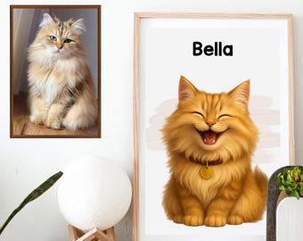 Cat Poster Custom, Photo to Cartoon Cat Portrait, Personalized Pet Wall Decor Print, Gift for Cat Lovers, Unframed Pet Artwork
