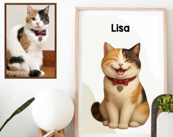 Cat Poster Custom, Photo to Cartoon Cat Portrait, Personalized Pet Wall Decor Print, Gift for Cat Lovers, Unframed Pet Artwork