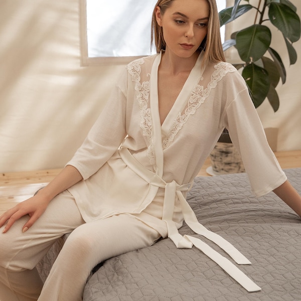 Loungewear set - Merino wool sustainable loungewear for women - Kimono robe & lounge pants set - Luxury lace plus size sleepwear set pajamas