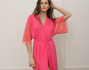 Bamboo Pink Robe with Lace Sleeves | Lace Dressing Gown | Sexy Loungewear Kimono Robe Plus Size | Perfect Gift for Her